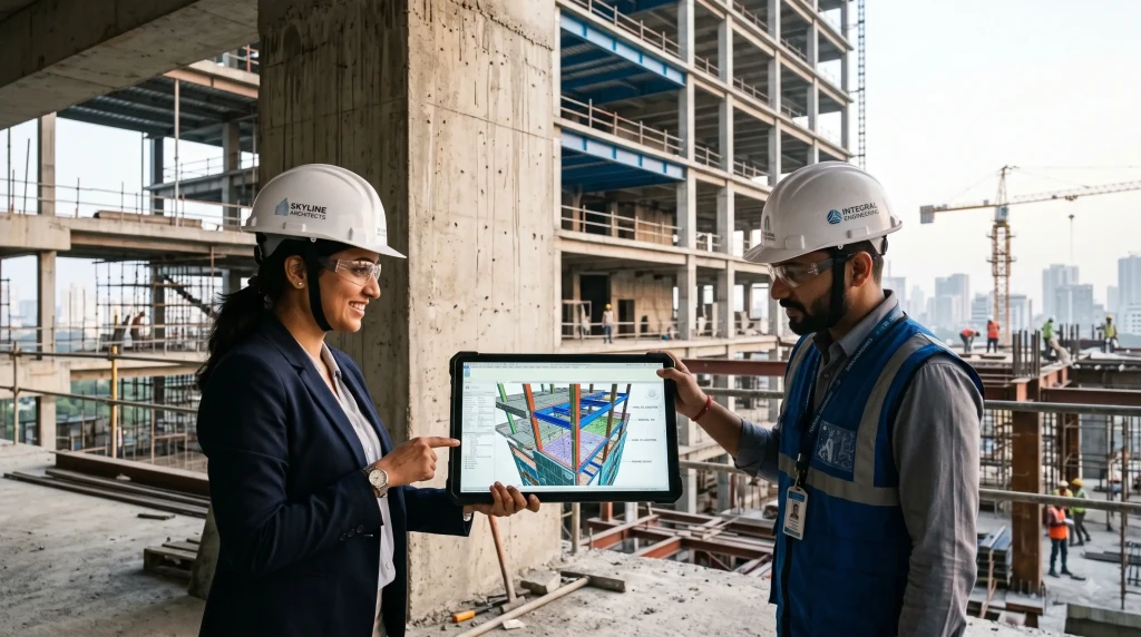 Architect and Engineer Reviewing BIM Model on Construction Site